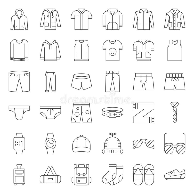 Male clothes and accessories thin line icon set 2 vector illustration