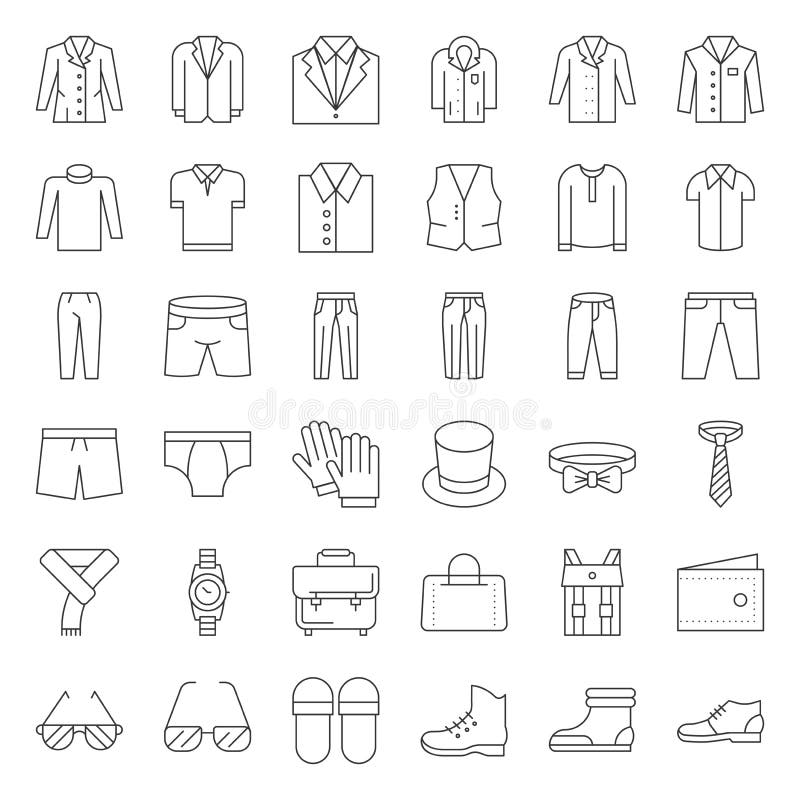 Male clothes and accessories thin line icon set 3 vector illustration