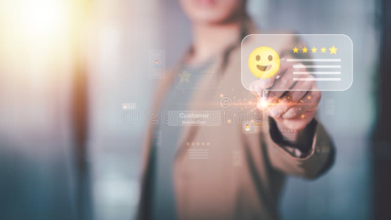 Male consumers rate their satisfaction and rate and review them online. Customer Experience Survey Concepts for Services and royalty free stock images