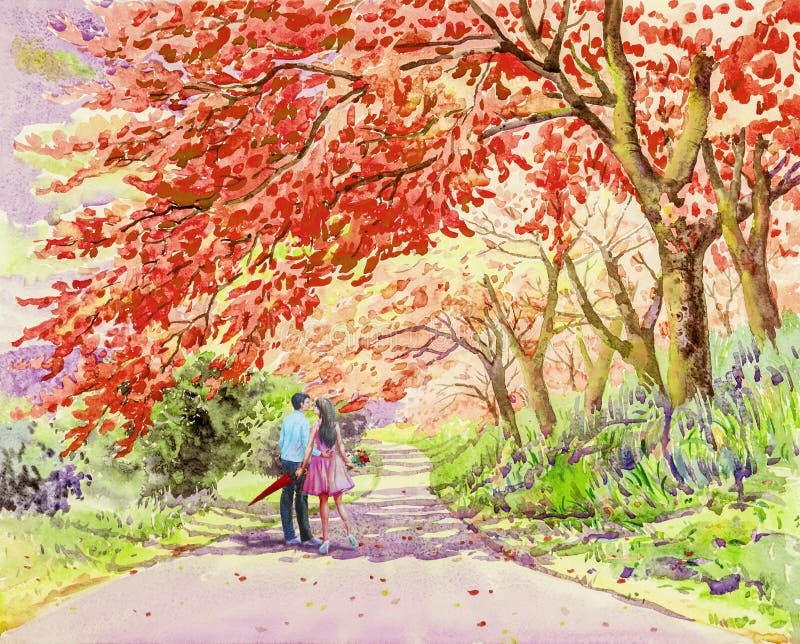 Male couple walking on the street in the morning garden.