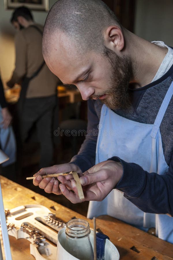 Male Craftsman Violin Maker Working on a New Violin Stock Image Image