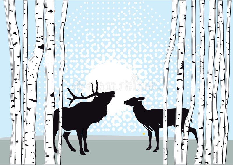 Male deer and doe standing in forest. Illustration of male deer with antler rack and female doe standing in clearing of forest royalty free illustration Male deer and doe standing in forest. Illustration of male deer with antler rack and female doe standing in clearing of forest royalty free illustration