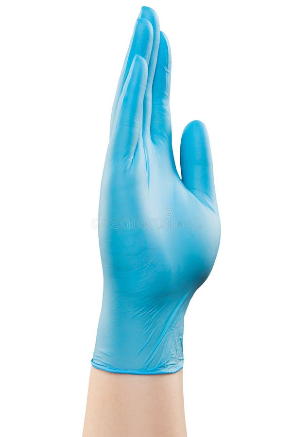 Male doctor hand in blue glove make gesture.