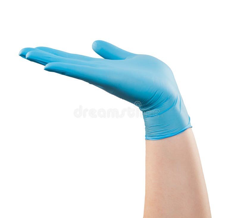 Male doctor hand in blue glove make gesture.