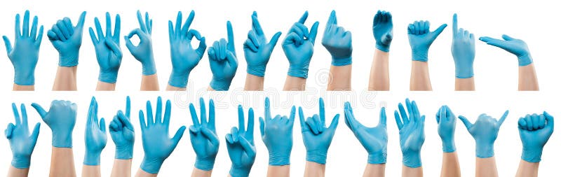 Male doctor hand in blue glove make gesture.