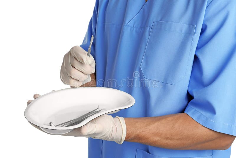 Male Doctor Holding Dish With Medical Tools On White Background