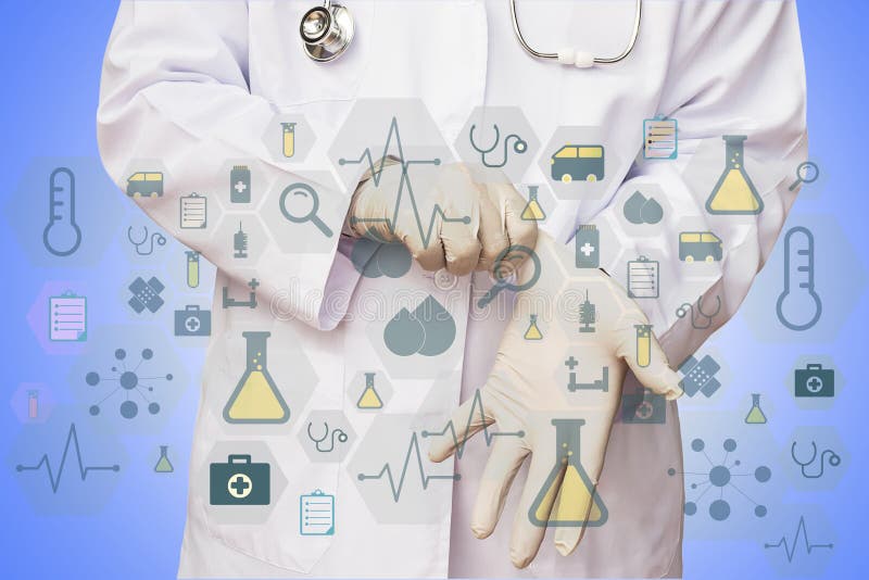 Male doctor is putting glove ready to examine his patient with l stock photos Male doctor is putting glove ready to examine his patient with l stock photos