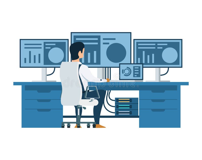 Male Engineer Working on Multi Display Computer vector illustration