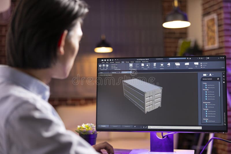 Male entrepreneur designing container with cad software from home office royalty free stock photo
