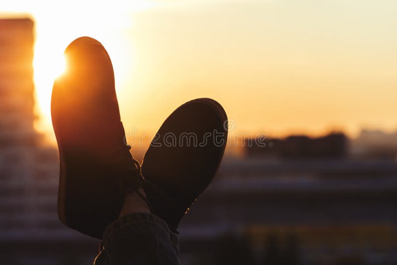 Male Feet in Shoes on the Balcony. Stock Photo - Image of sunset ...