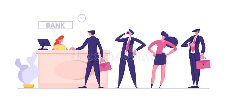 Male and Female Clients Stand in Queue in Bank Waiting Manager or Analyst of Credit Department Appointment royalty free illustration Male and Female Clients Stand in Queue in Bank Waiting Manager or Analyst of Credit Department Appointment royalty free illustration