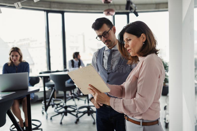 Two collegues talking about project document, standing in modern office. royalty free stock images