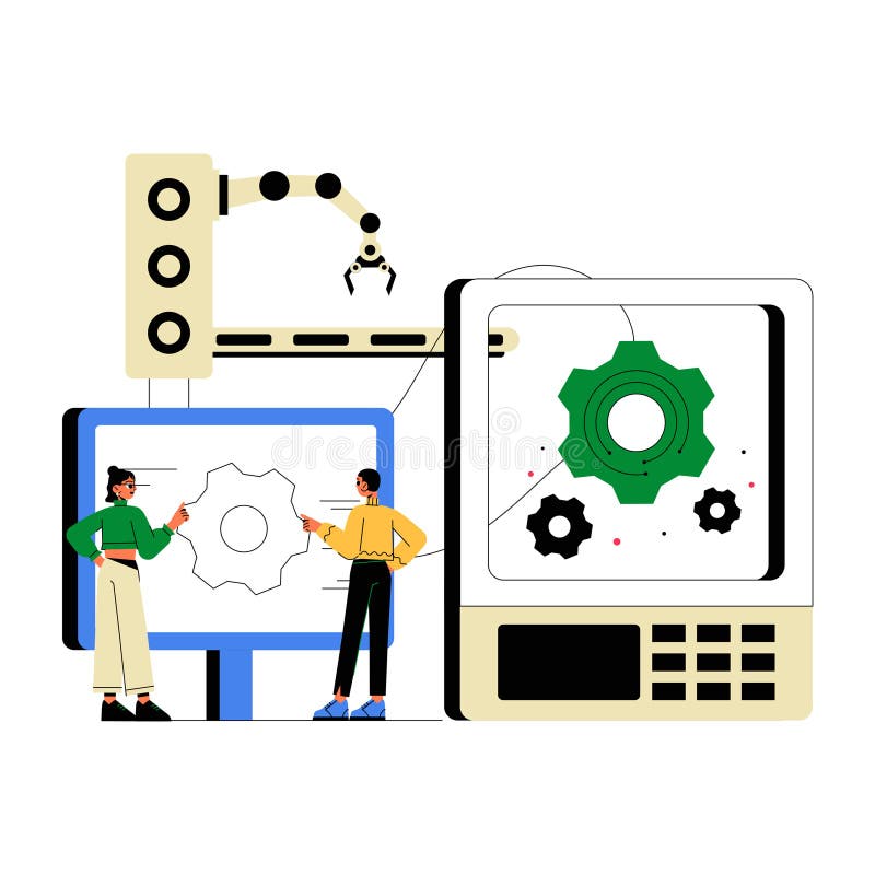 Engineers Collaborating On Industrial Automation System With Robotic Arm And Gear Mechanism In Flat Vector Illustration stock illustration