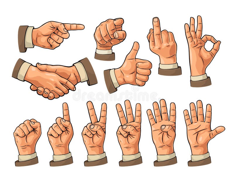 Male and female Hand sign. Fist, Like, pointing, ok, peace