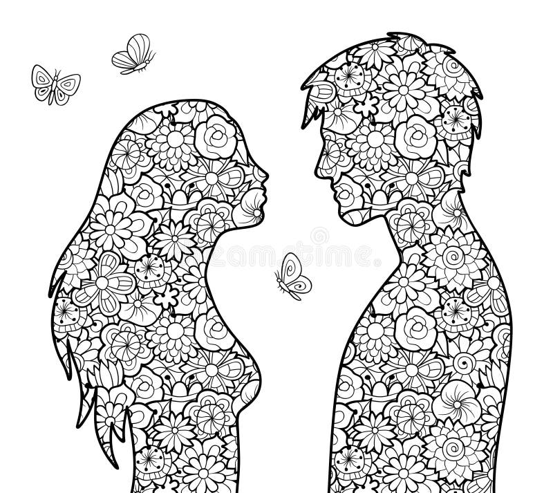 Male and female silhouettes with floral pattern