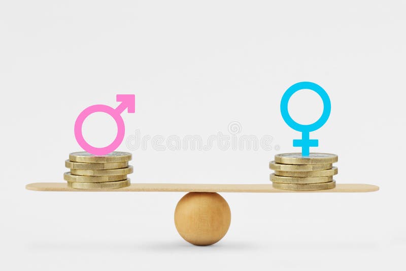 Male and female symbols on piles of coins on balance scale - Gender pay equality concept