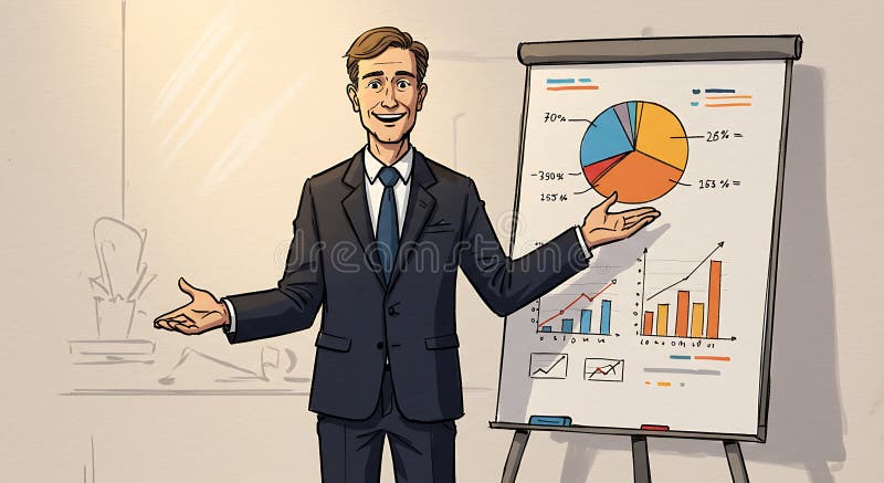 A male figure in a suit presents beside a flip chart displaying colorful graphs. The vector illustration