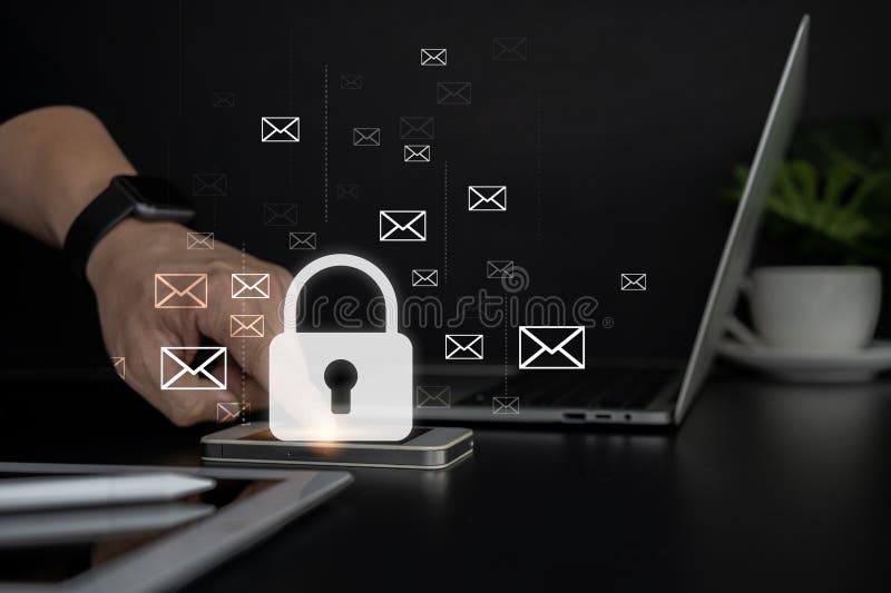 Male finger touching smartphone lock icon, business technology. Protect a cyber security from hacker attacks and save clients royalty free stock image