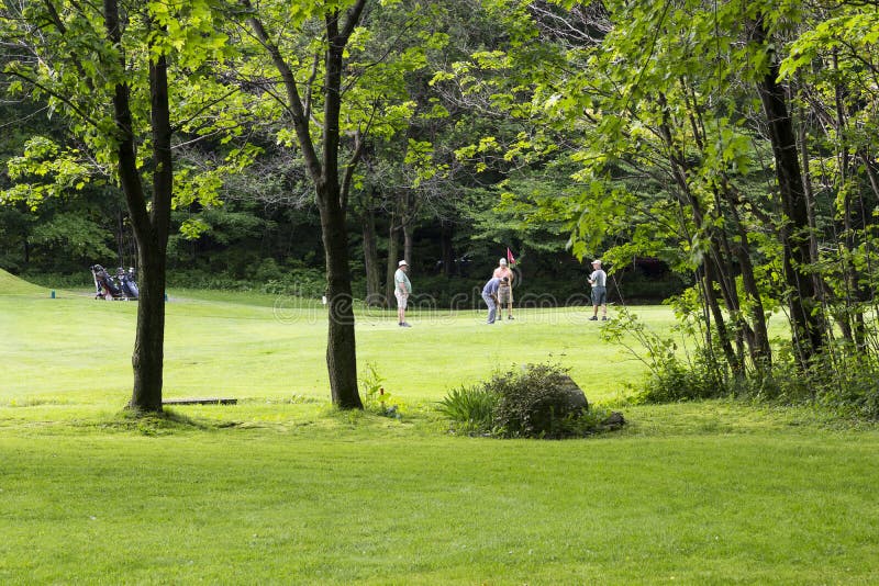 Male Foursome at Golf Hole in Pretty Rural Oldest Northamerican Golf Male Foursome at Golf Hole in Pretty Rural Oldest Northamerican Golf