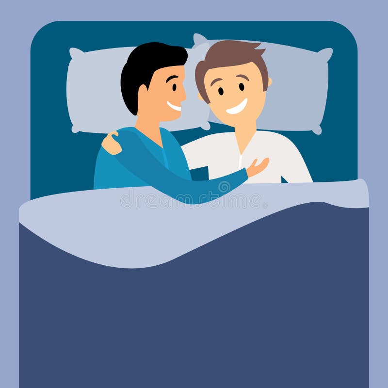 Male Gay Couple Sleeping In Bedroom Guys Hugging While Resting In Bed Flat Vector Illustration