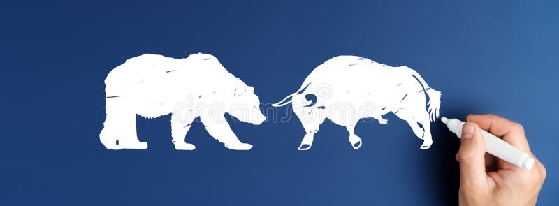 Male hand draws a bull and a bear, symbols of price movement in the securities market on a blue background