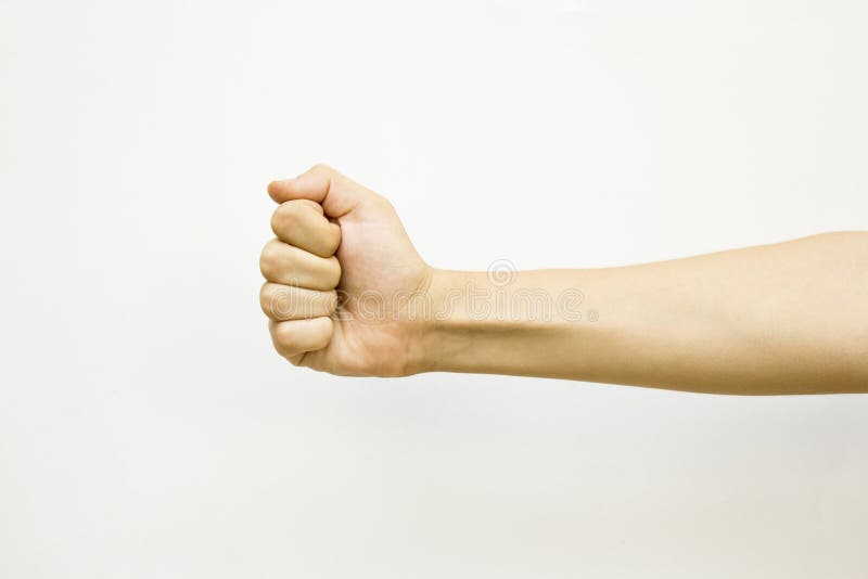 Male hand with fist gesture, isolated on white background.