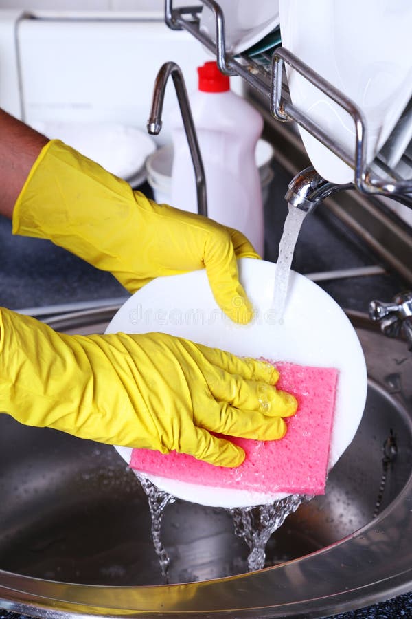 Male Hand in a Gloves with Sponge Washing Dish Stock Photo Image of washcloth, mess 43108712