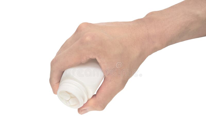 Male hand holding a bottle of white pill stock images