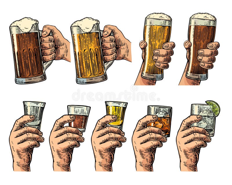 Male hand holding a glass with beer, tequila, vodka, rum, whiskey and ice cubes. stock illustration Male hand holding a glass with beer, tequila, vodka, rum, whiskey and ice cubes. stock illustration