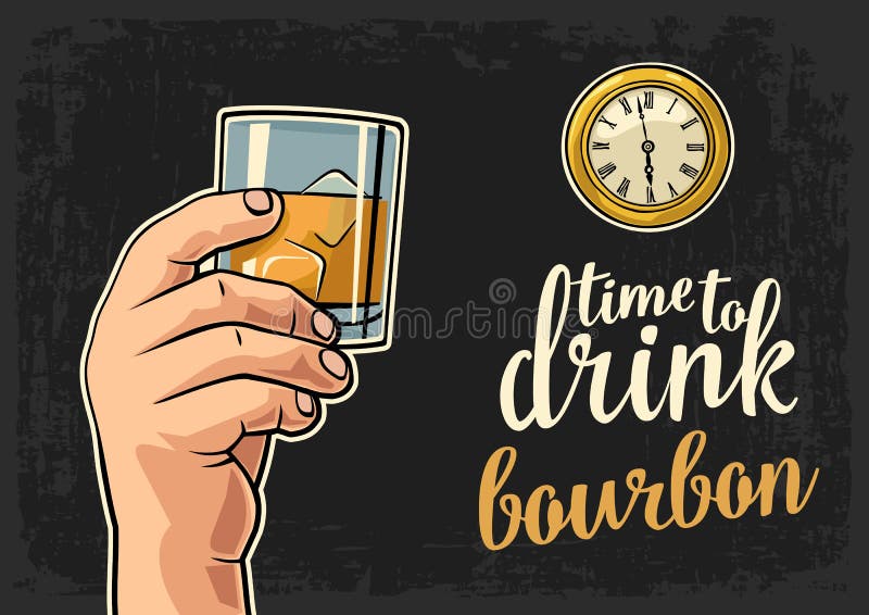 Male hand holding glass bourbon and antique pocket watch royalty free illustration Male hand holding glass bourbon and antique pocket watch royalty free illustration