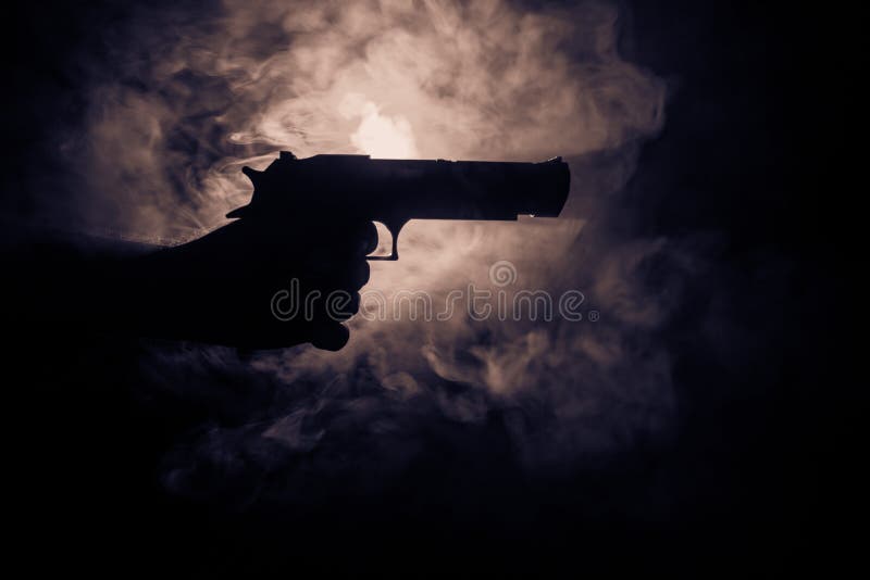 Male Hand Holding Gun on Black Background with Smoke ( Yellow Orange Red  White ) Colored Back Lights Stock Image - Image of combat, black: 129393785