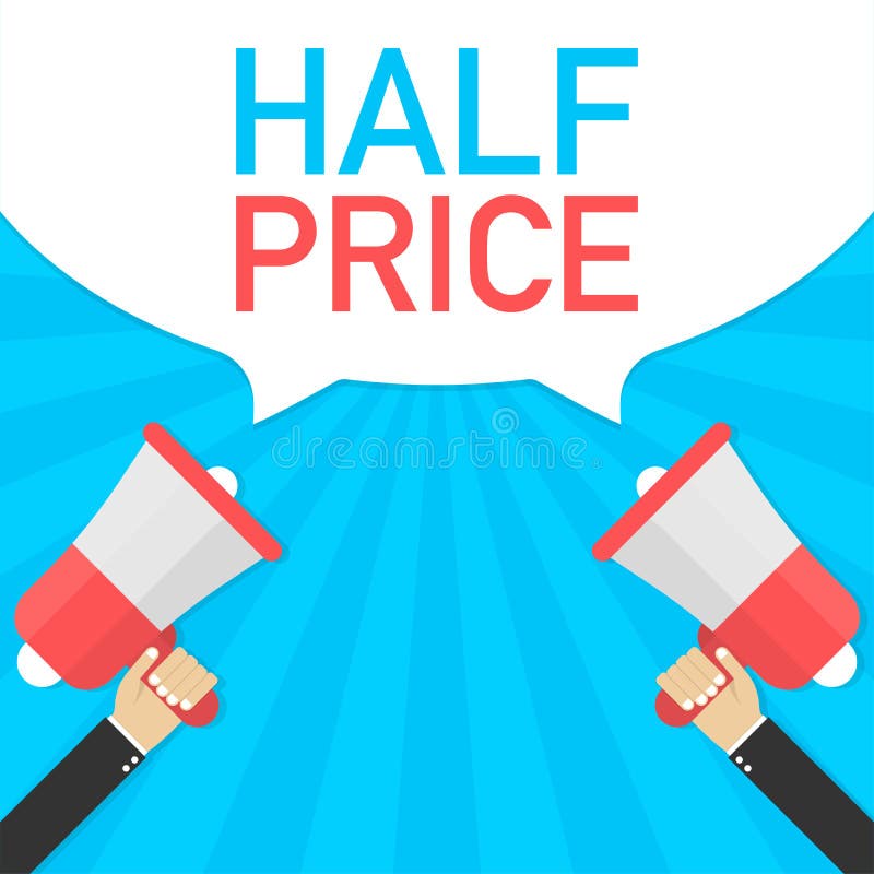 Male hand holding megaphone with Half price speech bubble. Banner for business. Vector illustration. royalty free illustration