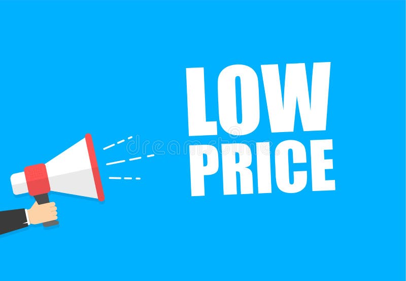 Male hand holding megaphone with low price speech bubble. Loudspeaker. Banner for business, marketing and advertising stock illustration