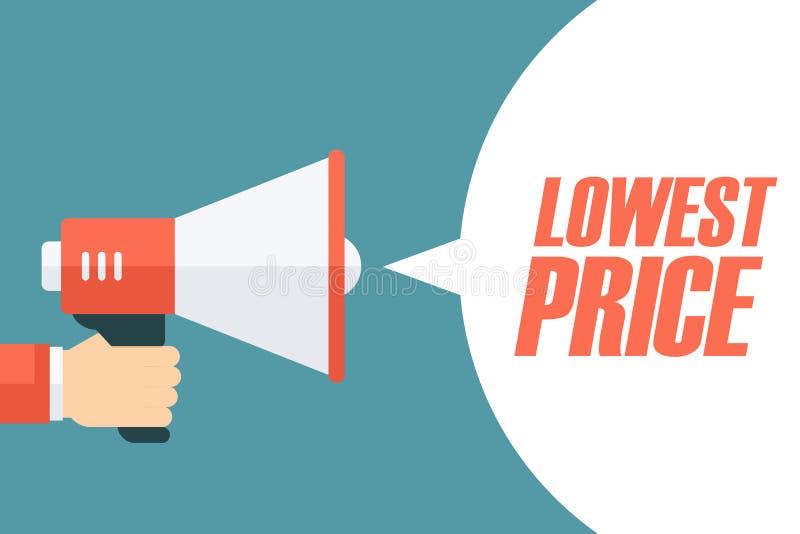 Male hand holding megaphone with Lowest Price speech bubble. Loudspeaker. Special Offer banner for business and promotion. vector illustration