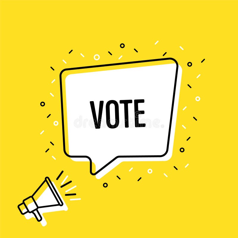 Male hand holding megaphone with vote speech bubble. Loudspeaker. Banner for business, marketing and advertising. Vector stock illustration Male hand holding megaphone with vote speech bubble. Loudspeaker. Banner for business, marketing and advertising. Vector stock illustration