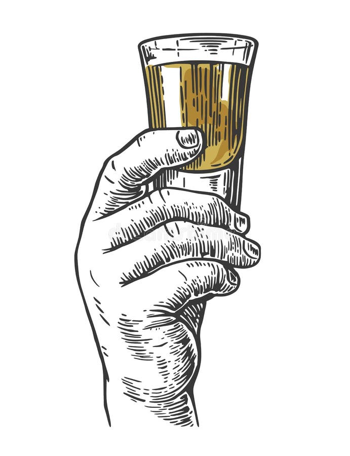Male hand holding a shot of alcohol drink stock illustration Male hand holding a shot of alcohol drink stock illustration