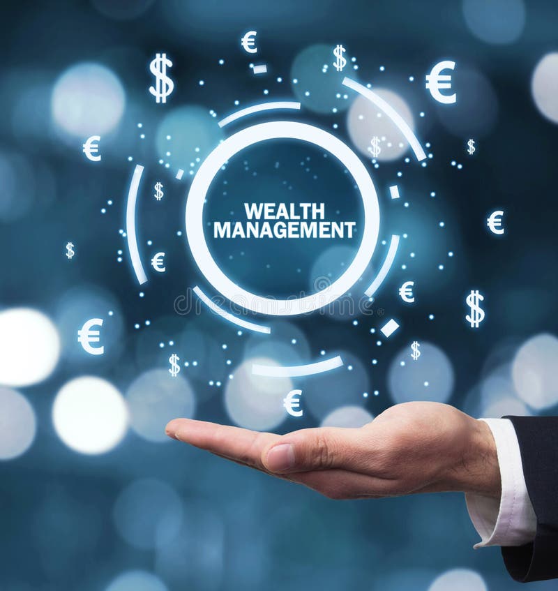 Male hand holding Wealth Management word with currency symbols royalty free stock photo Male hand holding Wealth Management word with currency symbols royalty free stock photo