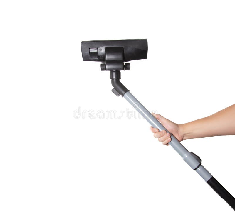 Male hand holds a brush and a pipe of a vacuum cleaner on a white background, isolate. Close-up, cleanliness stock photos
