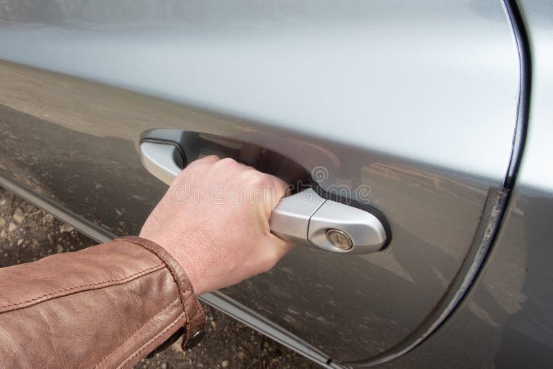 Male Hand Opens the Car Door with Inner Handle Stock Photo Image of