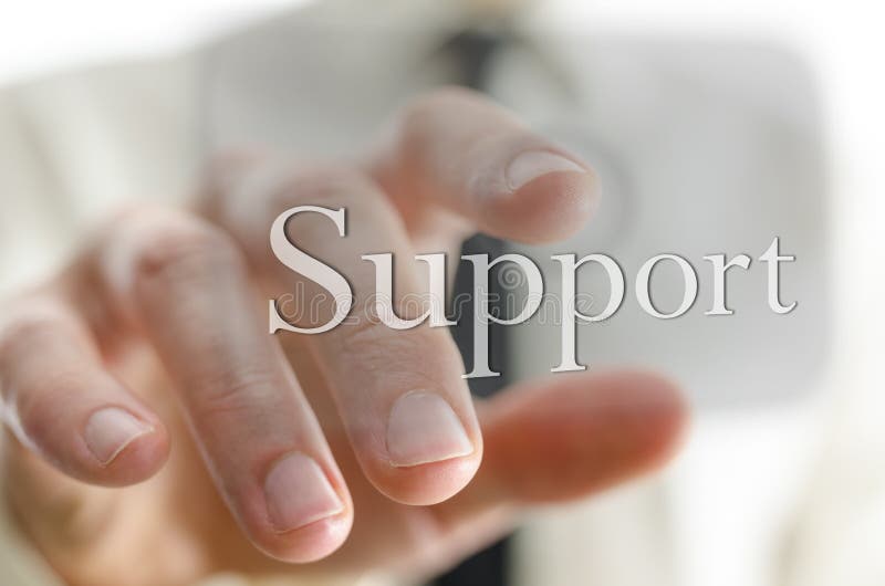 Male hand pointing at Support icon on a virtual screen stock photos