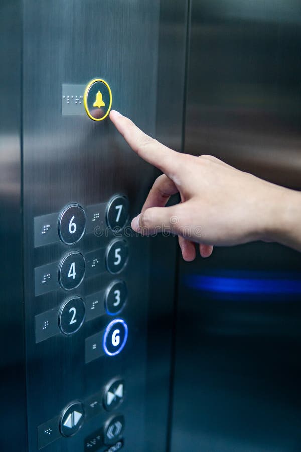 Male Hand Pressing on Emergency Button in Elevator Stock Image Image