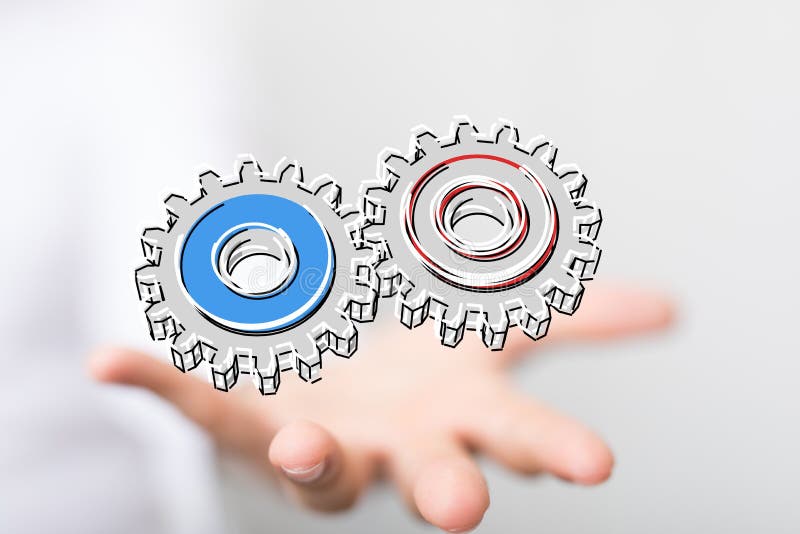 Male Hand Showing the Illustration of the Gear Icon Stock Photo Image