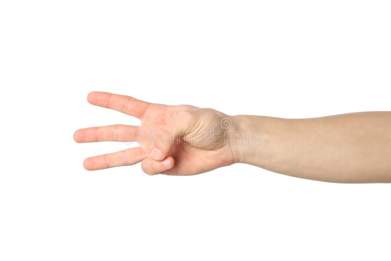 Male hand showing three fingers, isolated on white background