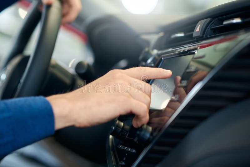 Male Hand Touching Car Sensor Panel. Stock Image Image of contact