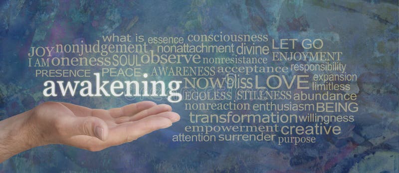 Male hand with the word AWAKENING floating above surrounded by a muted gold word cloud on a rustic blue background n. Male hand with the word AWAKENING floating above surrounded by a muted gold word cloud on a rustic blue background n