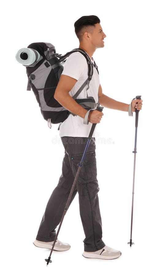 Male Hiker with Backpack and Trekking Poles on White Background Stock ...