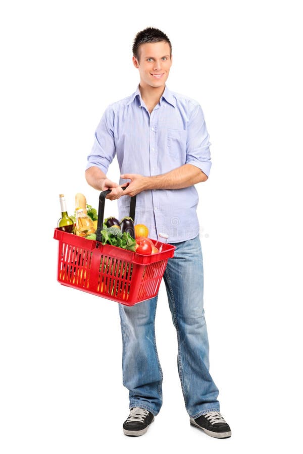 Male Holding A Shopping Basket Stock Image Image of cheerful, bottle