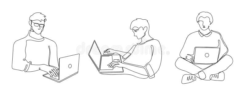 Male with laptop. Freelance remote worker character, man working with laptop computer and typing on keyboard. Continuous vector illustration