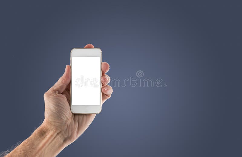 Obraz z samec vľavo ruka držanie obrazovka pripravený vloženie z váš aplikácia alebo proti modrý stúpanie.
