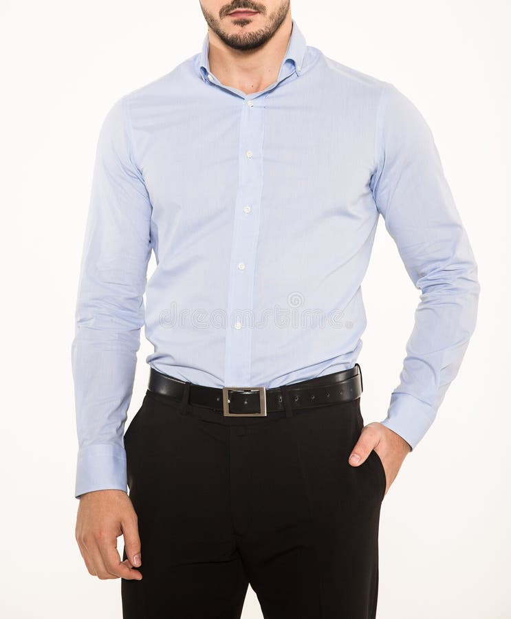 Male model with elegant black pants, belt and blue shirt